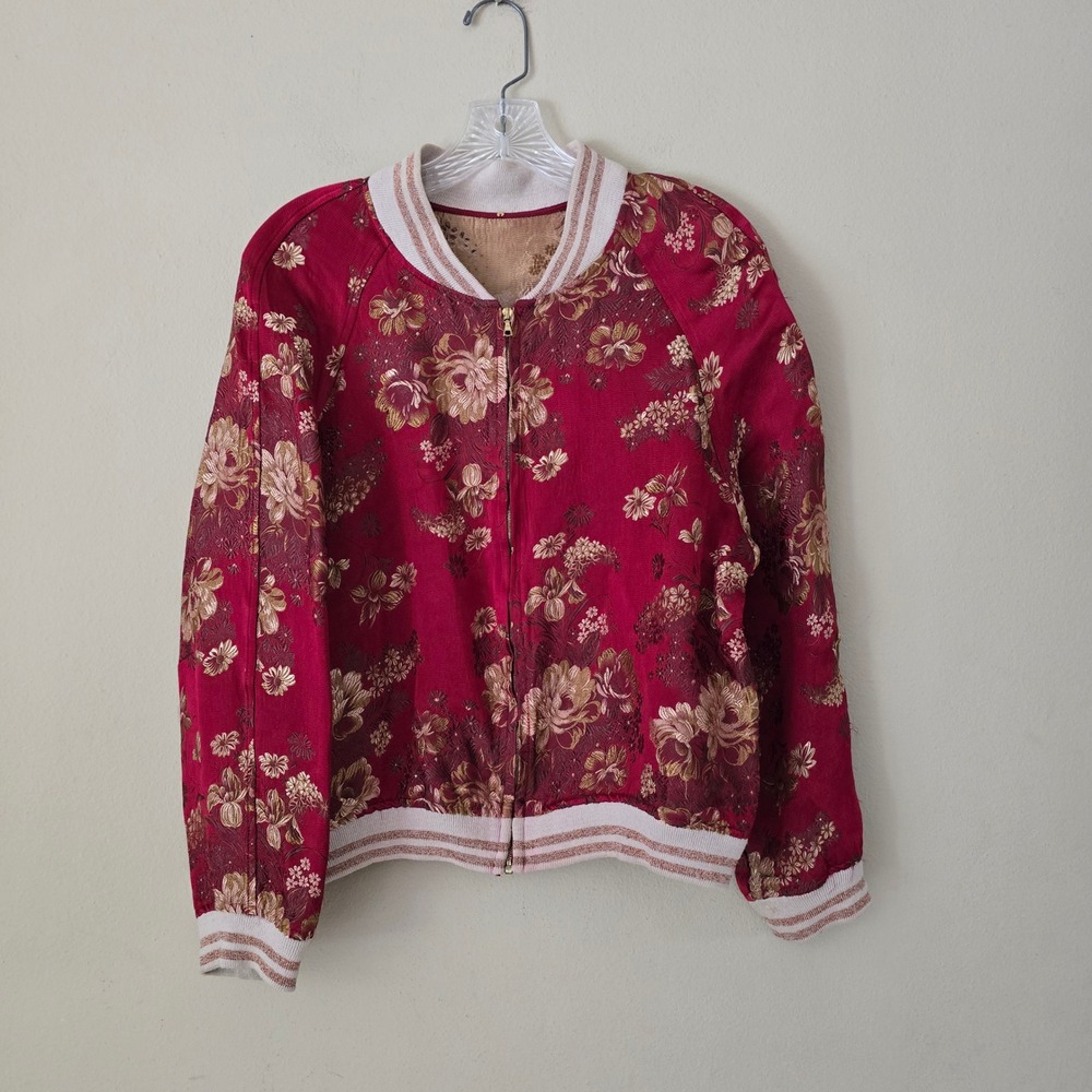 ACQ Clothing Silk Floral Brocade Bomber Jacket Red Gold Metallic Size 2 USA